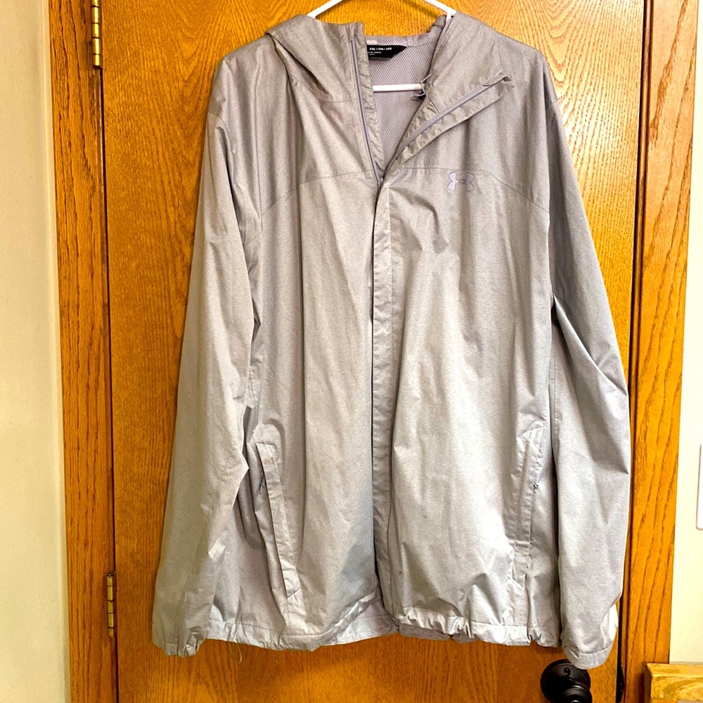 UnderArmour StormProof Hooded Windbreaker full zip, SZ XXL Fitted, grey,